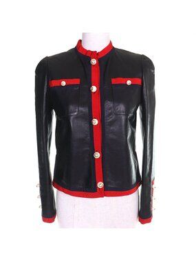 Gucci Lining Allover Pattern GG Pearl Buttoned No Leather Jacket Black Red 36